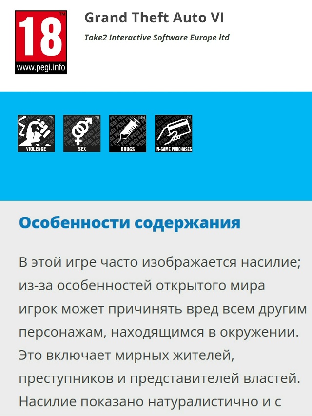 GTA VI получила рейтинг 18+ за жестокость и секс